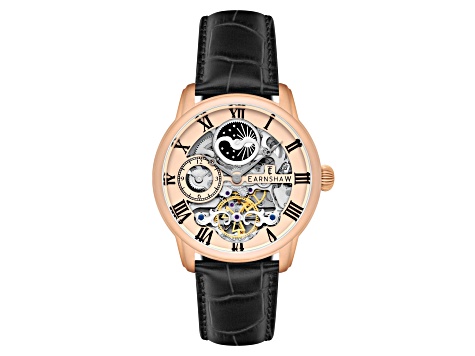 Thomas Earnshaw Longitude Automatic Rose Dial Black Stainless Steel Band Skeleton Watch