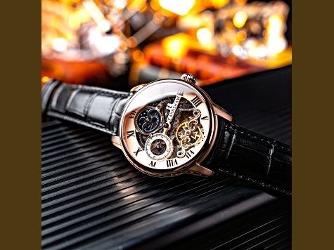 Thomas Earnshaw Longitude Automatic Rose Dial Black Stainless Steel Band Skeleton Watch
