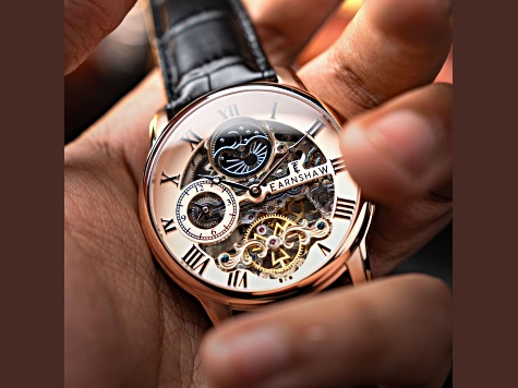 Thomas Earnshaw Longitude Automatic Rose Dial Black Stainless Steel Band Skeleton Watch