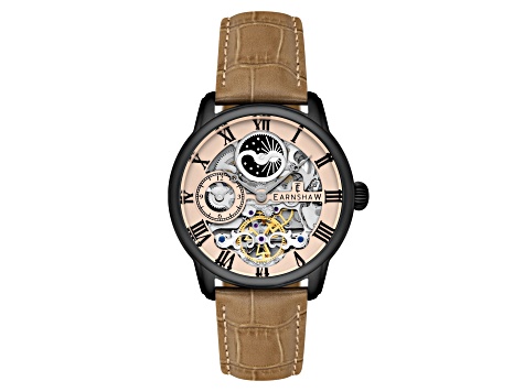Thomas Earnshaw Longitude Automatic Tan Dial Brown Stainless Steel Band Skeleton Watch