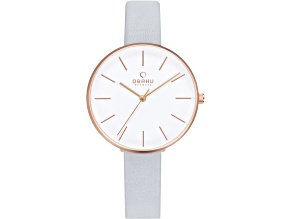 Obaku Women's Viol White Dial with Rose Accents Gray Leather Strap Watch