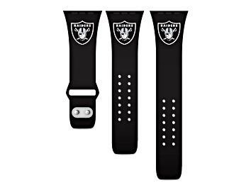 Picture of Gametime Las Vegas Raiders Black Silicone Apple Watch Band (42/44mm M/L). Watch not included.