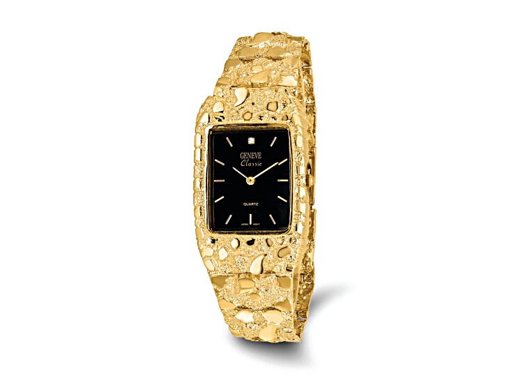14k Yellow Gold Mens Squared Black 27x47mm Dial Solid Nugget Watch