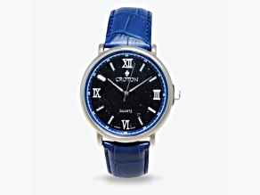 Croton Stainless Steel Quartz Watch with Blue Glass Dial and Leather Strap