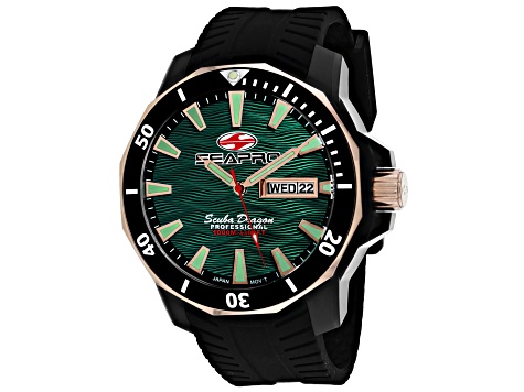 Seapro Men's Scuba Dragon Diver Limited Edition Green Dial, Rose Accent Bezel, Black Silicone Watch