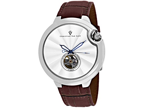 Christian Van Sant Men's Cyclone Automatic White Dial, Brown Leather Strap Watch