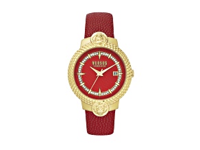 Mouffetard Womens Watch 38mm Gold Tone Case Red Enamel Dial Leather Strap