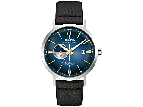 Bulova Men's Aerojet Blue Dial, Black Leather Strap Watch