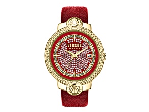 Mouffetard Crystal Dial Watch 38MM Yellow Case Red Crystal Dial Leather Strap