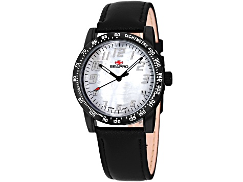Seapro  Women's Bold White Dial, Black Leather Strap Watch