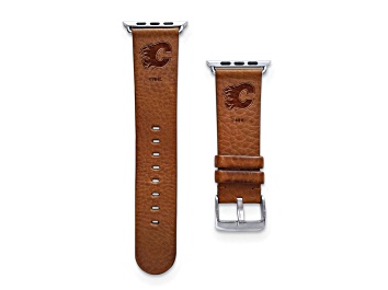 Picture of Gametime NHL Calgary Flames Tan Leather Apple Watch Band (38/40mm M/L). Watch not included.