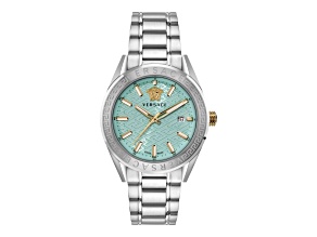 Versace V-Code Mens Watch 42MM Stainless Steel Case Light Blue Guilloche Dial Bracelet