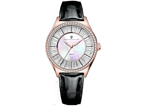 Christian Van Sant Women's Luna White Dial, Black Leather Strap Watch