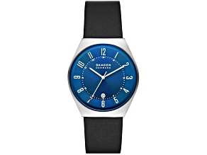 Skagen Men's Grenen Blue Dial Black Leather Strap Watch