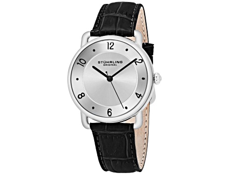 Stuhrling Men's Symphony Metallic Silver Dial and Bezel, Black Leather Strap Watch