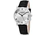 Stuhrling Men's Symphony Metallic Silver Dial and Bezel, Black Leather Strap Watch