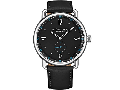 Stuhrling Men's Symphony Black Dial with Blue Accents, Black Leather Strap Watch
