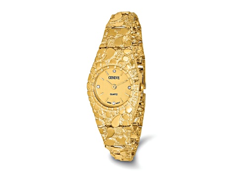 14k Yellow Gold Ladies Circular Champagne 22mm Dial Solid Nugget Watch