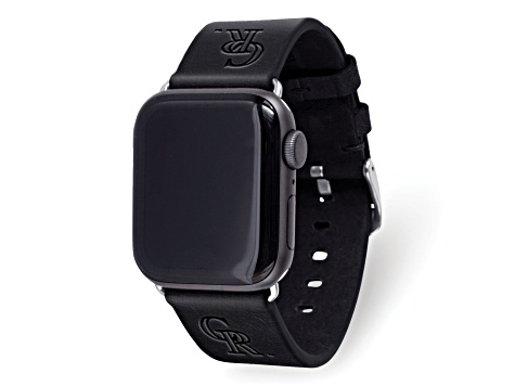 Gametime MLB Colorado Rockies Black Leather Apple Watch Band (42/44mm S/M). Watch not included.