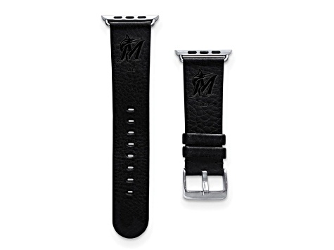 Gametime MLB Miami Marlins Black Leather Apple Watch Band (42/44mm S/M). Watch not included.