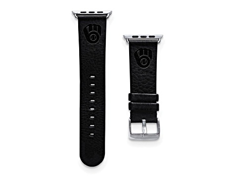 Gametime MLB Milwaukee Brewers Black Leather Apple Watch Band (42/44mm S/M). Watch not included.