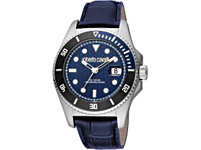 Roberto Cavalli Men's Classic Blue Dial, Black Leather Strap Watch