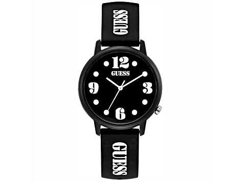 Guess Men's Classic Black Dial Black Rubber Strap with White Lettering Watch