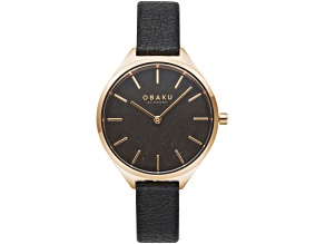 Obaku Women's Kaffe Black Dial with Yellow Accents Black Leather Strap Watch