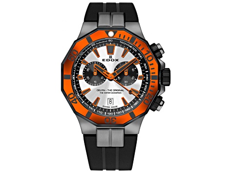 Edox Men Delfin The Original 43mm Quartz Watch with Black Rubber Strap, Orange Bezel