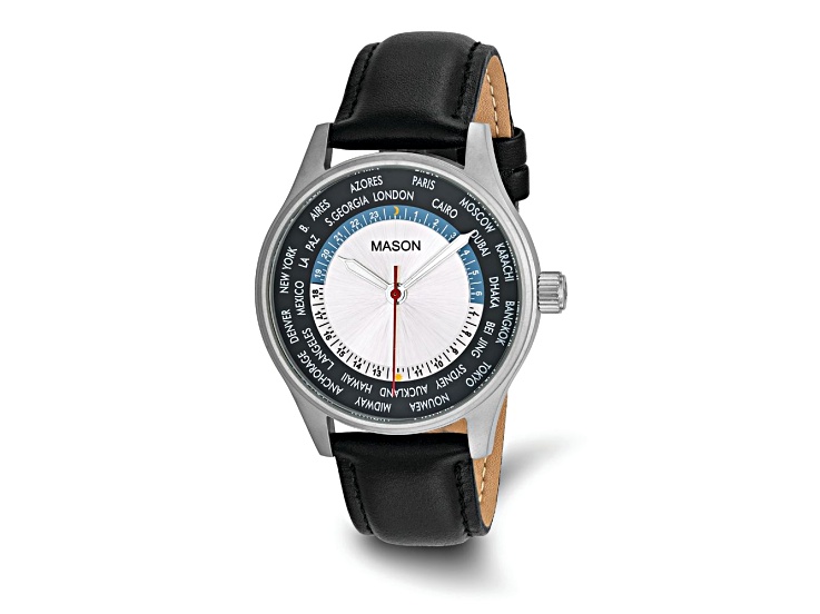 Mason Stainless Steel Military Time Black Leather Band Watch