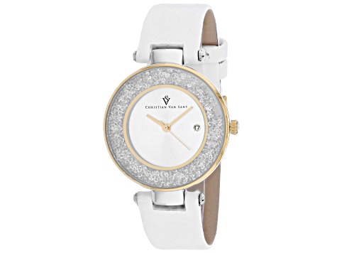 Christian Van Sant Women's Dazzle White Dial, White Leather Strap Watch