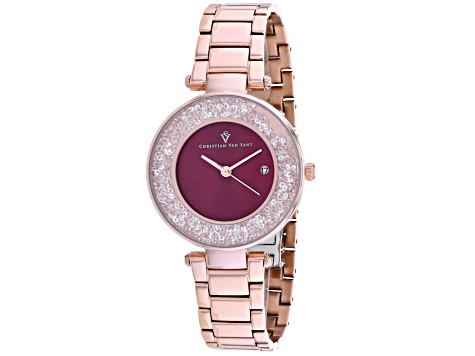 Christian Van Sant Women's Dazzle Red Dial, Rose Stainless Steel Watch