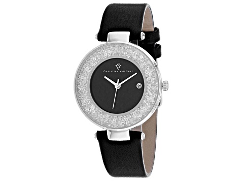 Christian Van Sant Women's Dazzle Black Dial, Black Leather Strap Watch
