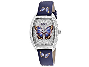 Christian Van Sant Women's Papillon Blue with Multi-color Butterfly Design Leather Strap Watch