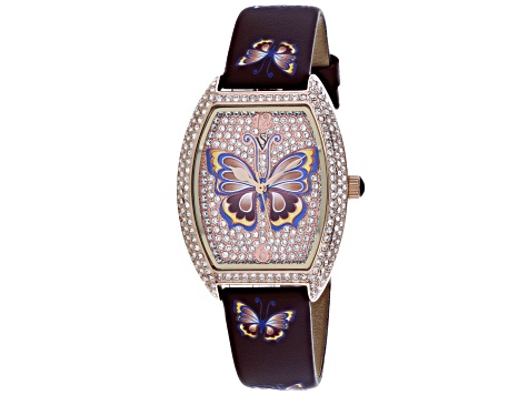 Christian Van Sant Women's Papillon Rose Dial, Black Leather Strap Watch