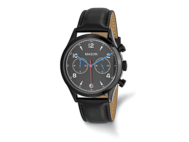 Mason Stainless Steel Black IP Chronograph Leather Band Watch Black Dial