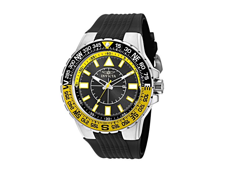Invicta Aviator 52mm Black Dial Yellow Bezel Black Silicone Strap