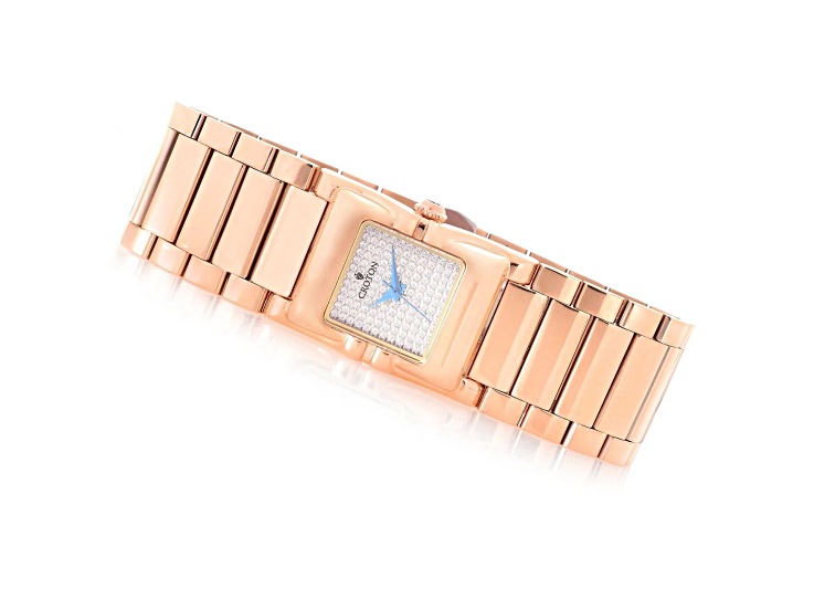 Croton Rose Tone Swiss Parts Bracelet Watch with Square Cubic Zirconia Pave Dial