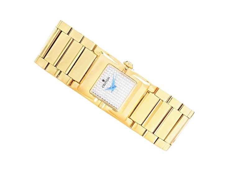 Croton Gold Tone Swiss Parts Bracelet Watch with Square Cubic Zirconia Pave Dial