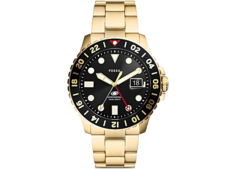 Fossil Blue GMT 46mm Yellow Stainless Steel Bracelet Black Dial Quartz Watch