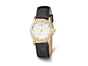 Charles Hubert Ladies IP Plated Crystal Bezel Black Leather Watch