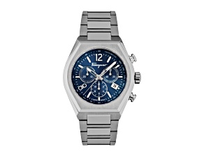 Ferragamo Tonneau Chrono Watch 42MM Blue Sunray Dial Stainless Steel Bracelet