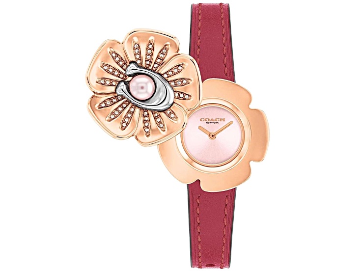 Coach Tea Rose 29mm Red Leather Strap Pink Dial Quartz Watch  display picture 3