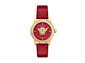 Medusa Deco Womens Watch 38MM IP Yellow Case Red Guilloché Dial Calf Leather Strap