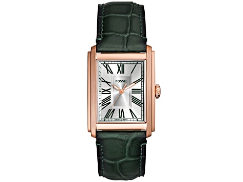 Fossil Carraway 30mm Green Leather Strap Silver Dial Quartz Watch