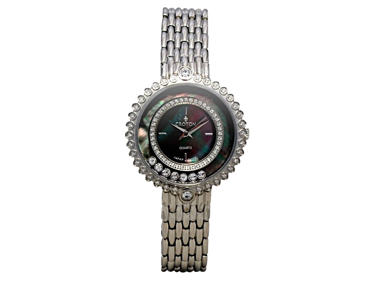 Croton Ilaria Silver Tone Floating Crystal Watch with Black Mother Of Pearl Dial