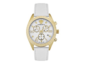 Versace Greca Chrono Womens Watch 40MM IP Yellow Case White Guilloche Dial Strap