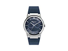 Ferragamo Sapphire Mens Watch 41MM Stainless Steel Case Blue Guilloché  Dial Caoutchouc Strap