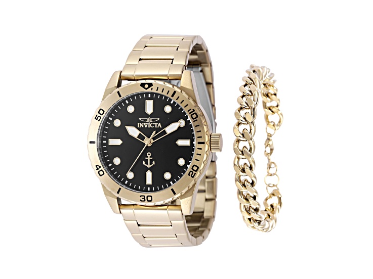Invicta OCEAN VOYAGE 43mm Black Dial Yellow Stainless Steel Quartz Watch and Bracelet Set