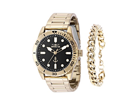 Invicta OCEAN VOYAGE 43mm Black Dial Yellow Stainless Steel Quartz Watch and Bracelet Set